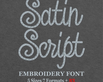 May include: Embroidery font design in a satin script style. The font is available in 5 sizes: 1 inch, 1.5 inches, 2 inches, 2.5 inches, and 3 inches.