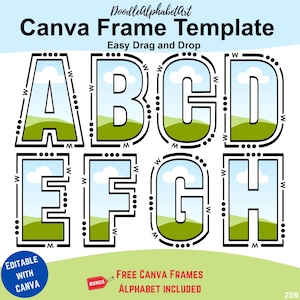 Canva Frames Bold Lines and Dots Doodle Alphabet, Easy Drag and Drop Photos or Patterns, Fill your own colors Letters Canva template