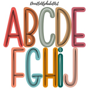 Boho Doodle Alphabet PNG Scribble Bundle, A Digital Hand Drawn Scribble Letters PNG in 10 Colors for Sublimation Designs and DIY projects