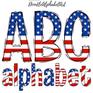 USA Flag Patriotic Doodle Alphabet PNG, a Wave Outline Font American Flag Doodle Letters PNG, Hand Drawn Sublimation printings