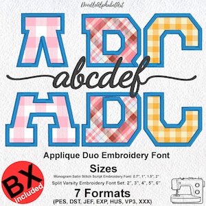 Split Varsity Applique & Monogram Satin Stitch Script Duo Embroidery Font | Native BX, 7 formats 