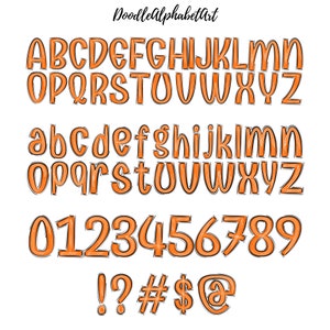 May include: Orange and black doodle font alphabet with uppercase and lowercase letters, numbers 0-9, and punctuation marks including exclamation point, question mark, number sign, dollar sign, and at symbol.