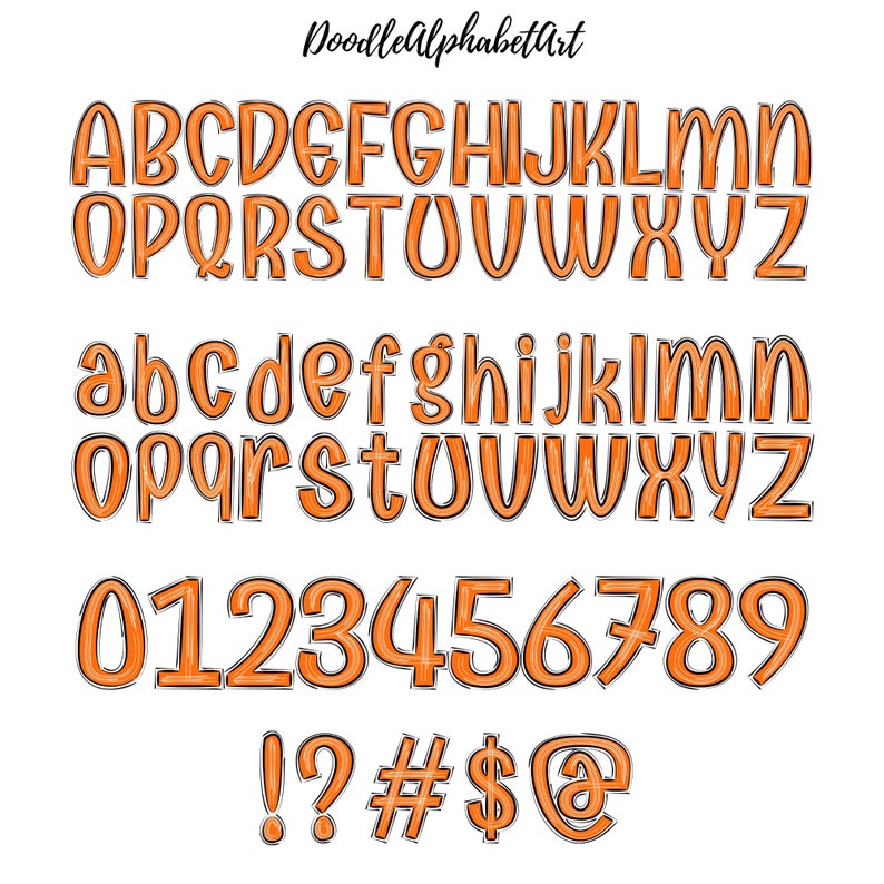May include: Orange and black doodle font alphabet with uppercase and lowercase letters, numbers 0-9, and punctuation marks including exclamation point, question mark, number sign, dollar sign, and at symbol.