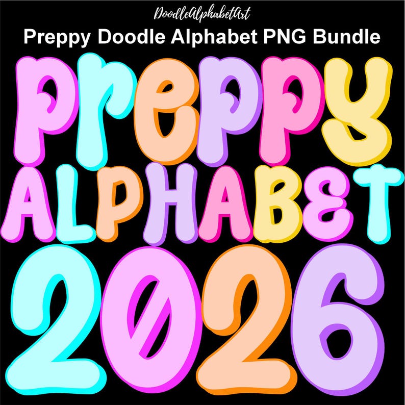 Preppy Doodle Alphabet PNG Bundle, Colorful Letters, Numbers (digital ...