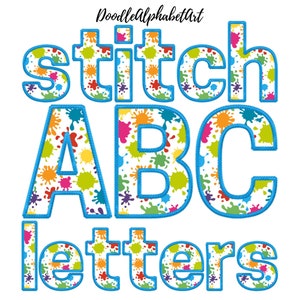 Paint Splatter Letters, Faux Embroidery Doodle Alphabet PNG, Hand Drawn Doodles, Water Blue Stitch Alphabet, Digital Downloads