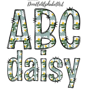 Daisy Flower Doodle Alphabet PNG with Hit Grey Color pattern, a Hand Drawn floral letters font for Sublimation designs or any DIY projects
