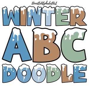 Winter Alphabet Snow Letters, Hippie Blue Color, Doodle Alphabet PNG Bundle, Digital Hand-Drawn PNG for Sublimation  Designs