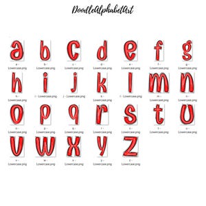 May include: Red lowercase alphabet letters with a white outline and a white background. The letters are in a cartoon style with a slightly rounded font.