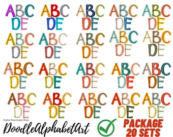 A package of 20 sets of Scribble letters PNGs, Boho Doodle Alphabet PNG Bundle, Hand Drawn Sublimation PNG Designs Digital Downloads