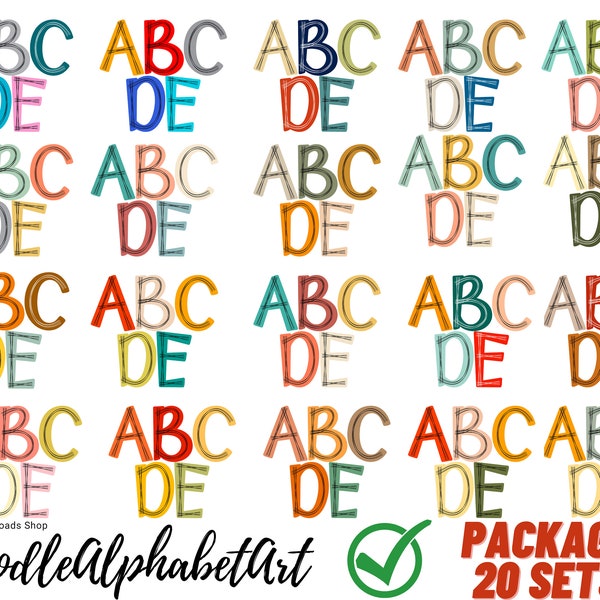 A package of 20 sets of Scribble letters PNGs, Boho Doodle Alphabet PNG Bundle, Hand Drawn Sublimation PNG Designs Digital Downloads