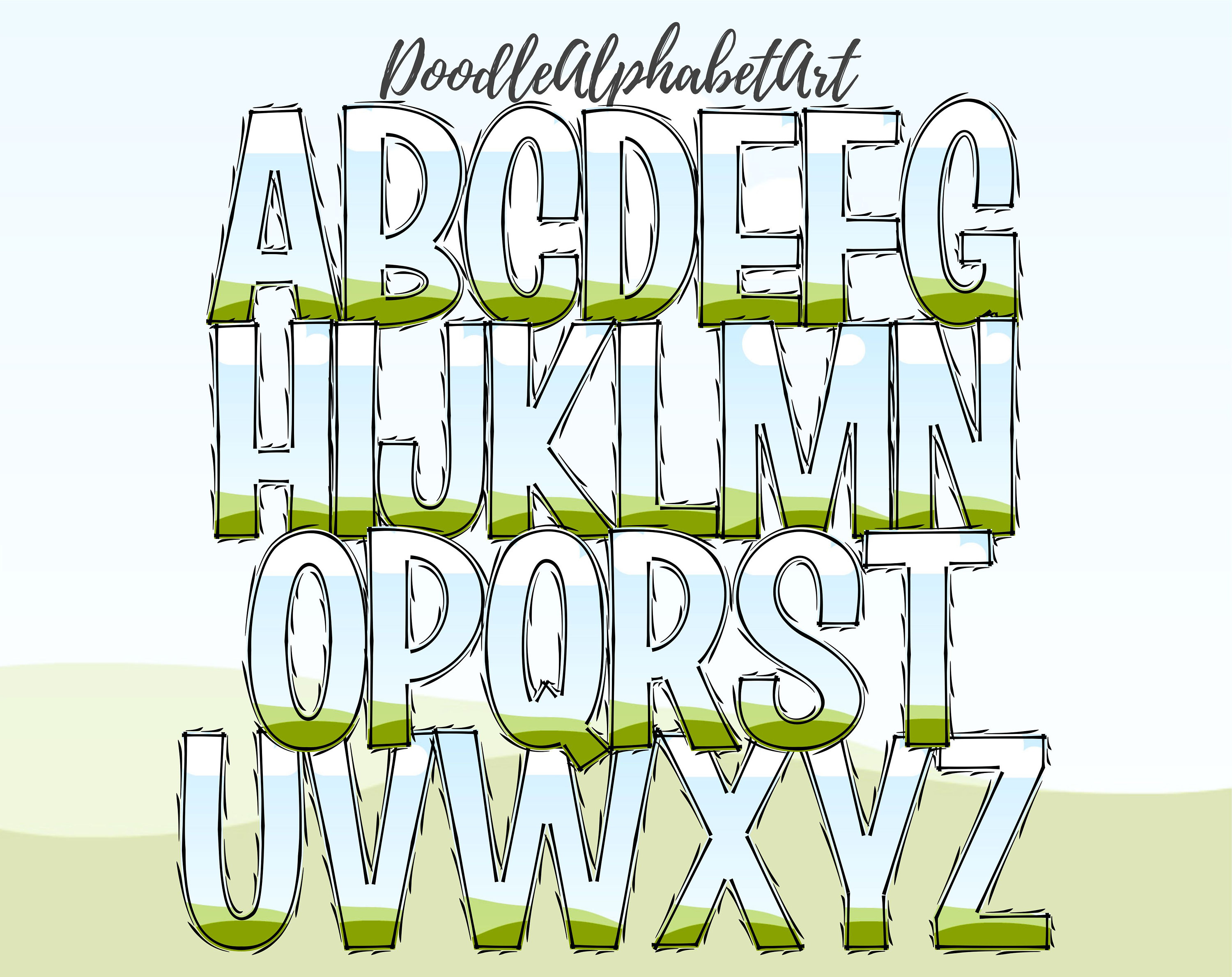 Curved Lines Doodle Letters Canva Frame Template, Alphabets Numbers ...
