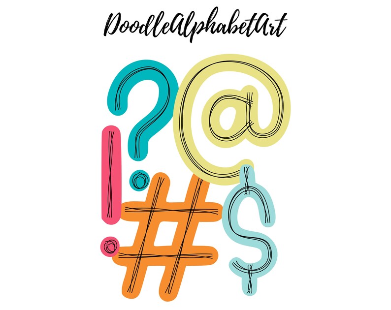 May include: A colorful doodle illustration of punctuation marks and symbols, including an exclamation point, a question mark, a hashtag, an at symbol, and a dollar sign.