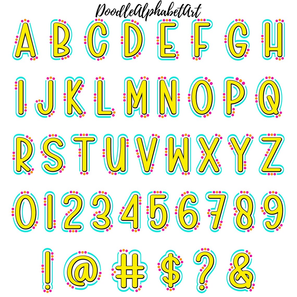 Doodle Alphabet PNG Bundle: Colorful Dots & Lines Fonts (digital ...