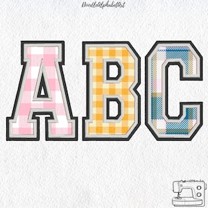 May include: Embroidered letters A, B, and C in a varsity style. The letter A has a pink gingham pattern, B has a yellow gingham pattern, and C has a blue and white plaid pattern. Each letter has a black outline and a white background.