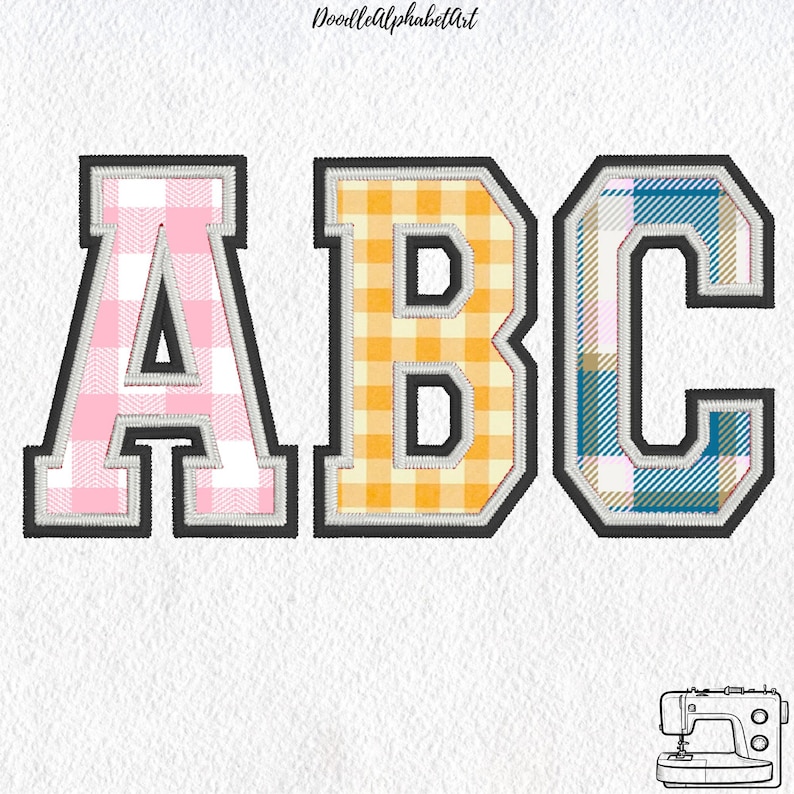May include: Embroidered letters A, B, and C in a varsity style. The letter A has a pink gingham pattern, B has a yellow gingham pattern, and C has a blue and white plaid pattern. Each letter has a black outline and a white background.
