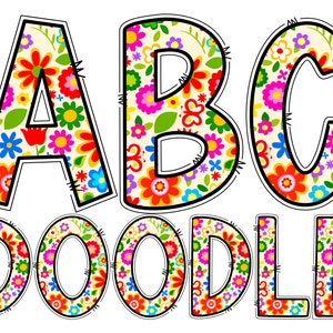 Seamless Flower Color Digital Alphabet Letters PNG, Hand Drawn Digital Doodle Alphabet Sublimation Clipart PNG