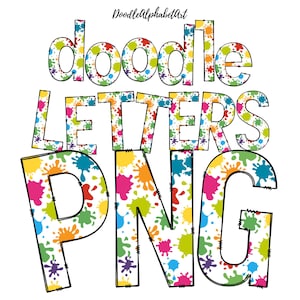 Splatter Doodle Alphabet PNG Set | Hand Drawn Scribbled outline UPPERCASE lowercase Letters Numbers | Sublimation Clipart Digital Download