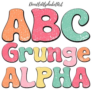 Distressed Font in Teacher color palette, Grunge Retro Groovy font, Letter PNG Bundle, Handwritten Grunge letters PNG, Digital Alphabets