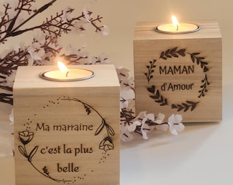Bougeoir cube bois personnalisable gravure laser - maman - mamie - nounou  - Noël - Mariage - Atsem - Maitresse -marraine