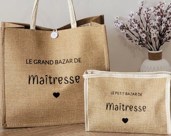 Sac cabas en jute et trousse personnalisées / cadeau maîtresse / cadeau maman / idée cadeau pour elle