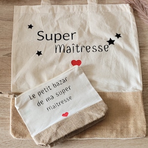 cadeau maîtresse / cadeau Atsem / cadeau fête des mères / cadeau femme sac  jute et coton avec une petite trousse