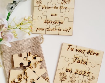 Puzzle annonce événements (pour parrain, marraine, naissance, prénom, voyage, mariage, tonton, tata, papi, mamie, grossesse, papa, parents)
