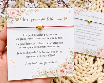 Cadeau Fin d'Année Scolaire - Bracelet Cœur Doré pour Maîtresse, Nounou, ATSEM, AESH ou Directrice - Merci pour cette Belle Année
