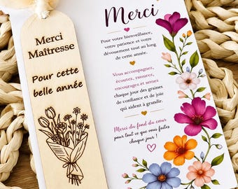 Marque-page personnalisé en bois gravé Cadeau maîtresse ,Merci maîtresse  nounou, ATSEM , fin d'année scolaire, cadeau école Cadeau original