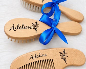 Brosses et peigne personnalisées kit bébé en bois idée cadeau de naissance