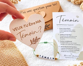 Demande témoin mariage – Bracelet ajustable, carte et cœur en bois personnalisé