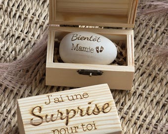 Oeuf en bois bébé - Annonce grossesse - future maman - futur papa demande parrain marraine, annonce naissance proches grands parents