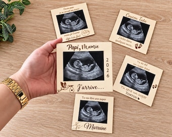 Magnets Cadre Annonce de Grossesse Personnalisés en Bois (Papi, Mamie, Marraine, Tonton)