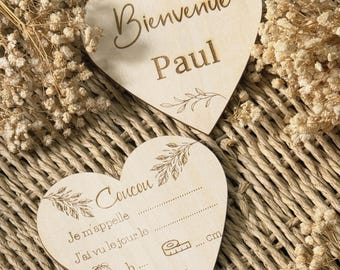 Carte naissance bébé personnalisée en bois forme cœur ,Carte bienvenue bébé, Souvenir de naissance, Cadeau de Naissance, cadeau bébé, prénom