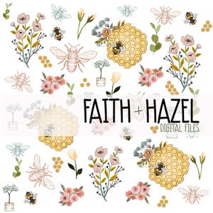 Peut inclure: Un ensemble de clipart numérique avec des abeilles, des fleurs et du miel. L'ensemble comprend une variété de motifs floraux, y compris des fleurs roses et blanches, ainsi que des abeilles dans diverses poses. Le texte "FAITH + HAZEL DIGITAL FILES" est inclus dans l'image.