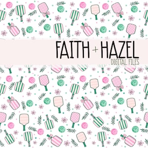 Puede incluir: Patrón repetitivo de palas y pelotas de pickleball rosas y verdes, con elementos florales sobre fondo blanco. El texto "FAITH + HAZEL DIGITAL FILES" se muestra en el centro de la imagen.