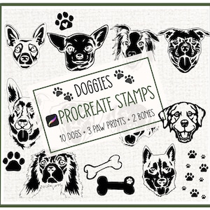 May include: Black and white digital stamps of 10 different dog breeds, 3 paw prints, and 2 bones. The text "DOGGIES PROCREATE STAMPS 10 DOGS + 3 PAW PRINTS + 2 BONES" is on a white rectangle.
