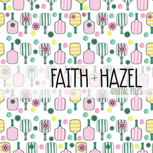 May include: A repeating pattern featuring pickleball paddles in pink, green, and yellow, adorned with floral and striped designs. The words "FAITH + HAZEL DIGITAL FILES" are displayed in black text.