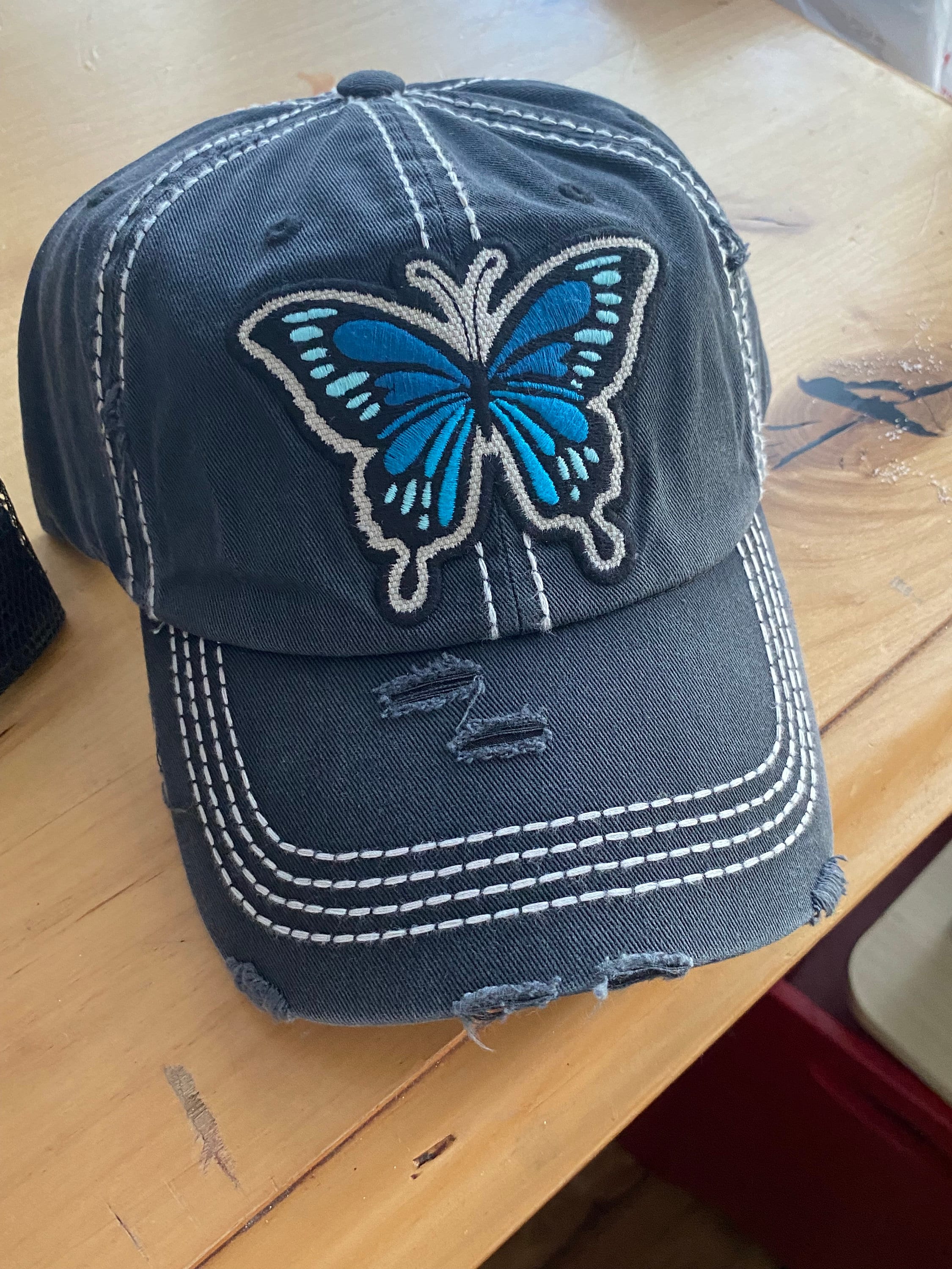 New Custom Designed Brown Distressed Baseball Cap with Brown and Blue Butterfly Flutter On By Custom Butterfly Patch Trucker Hat (made to  main image 3