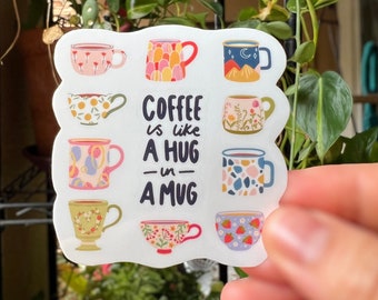 Groovy Coffee Hug in a Mug Sticker: Retro Waterproof Vinyl Decal