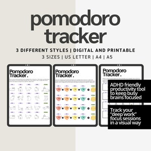 May include: Three printable pomodoro tracker designs with different styles. The first design features a black and white illustration of a cat. The second design features a colorful illustration of a monster. The third design features a blank grid. The text "Pomodoro Tracker" is at the top of each design. The text "ADHD friendly productivity tool to keep busy brains focused" and "Track your "deep work" focus sessions in a visual way" is at the bottom of the image.
