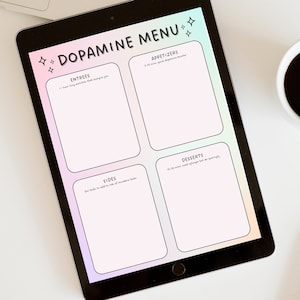 May include: A digital tablet displaying a "Dopamine Menu" with four sections: Entrees, Sides, Appetizers, and Desserts. Each section has a description and a blank space for writing.