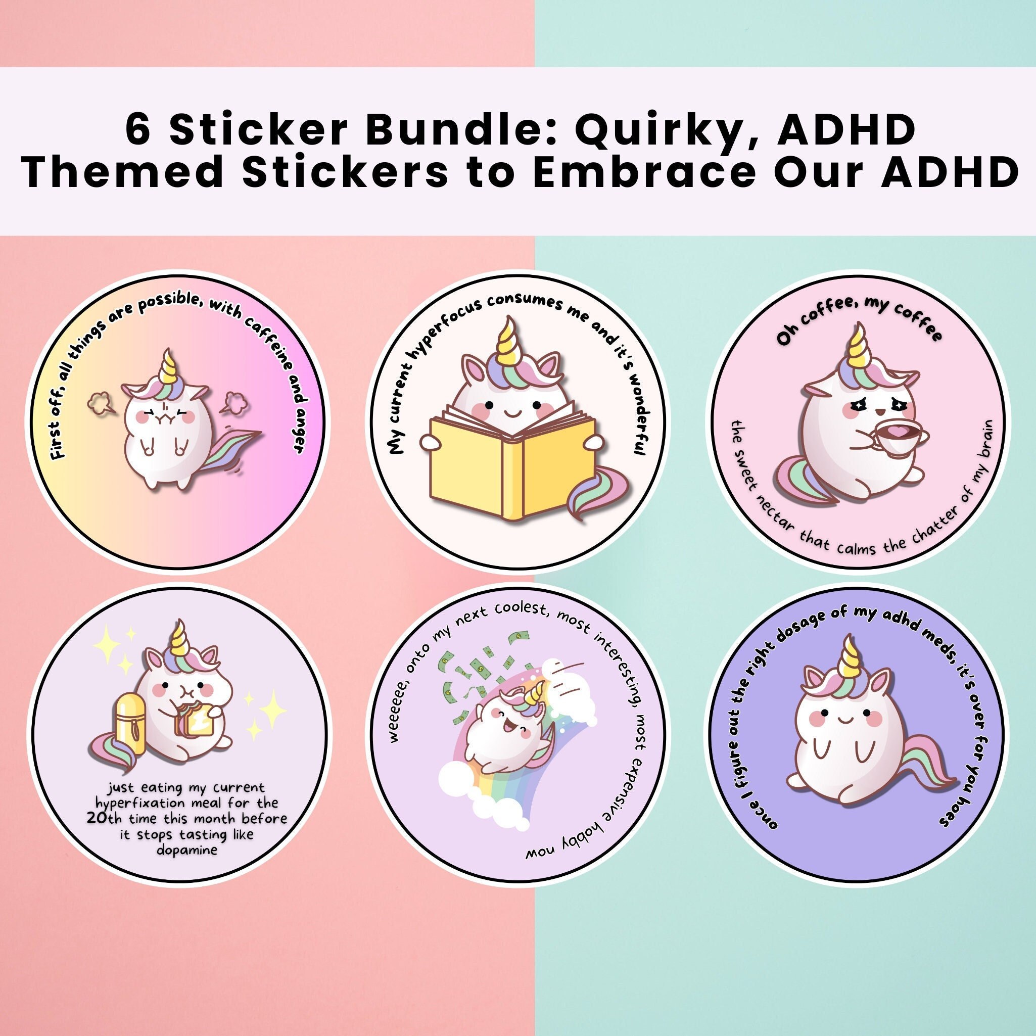Fun Adhd Sticker ADHD Unicorn Stickers: Funny Neurodivergent Sticker Bundle - Etsy