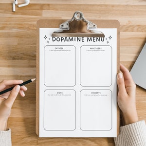May include: A white clipboard with the text "Dopamine Menu" at the top. The clipboard is divided into four sections labeled "Entrees", "Appetizers", "Sides", and "Desserts".