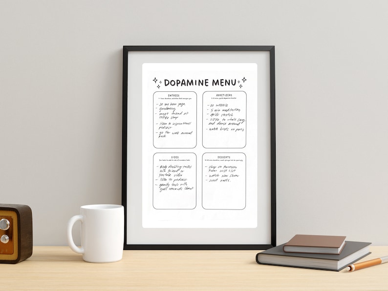 May include: A black and white printable poster with the title "Dopamine Menu" and a list of activities categorized as "Entrees", "Sides", "Appetizers", and "Desserts".