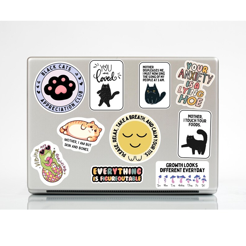 May include: A laptop covered in various stickers. Stickers include a black cat paw print, a cat with the text "You are loved", a black cat with text, a cat with text, a frog on a disco ball, a smiling face, and text that reads "Everything is Figureoutable".
