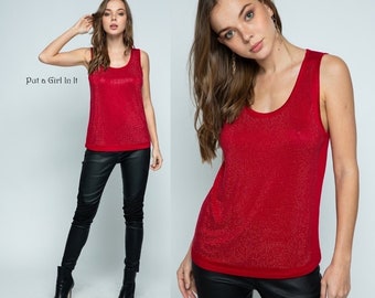 New Vocal Apparel womens soft embellished crystal solid cherry red bling relaxed fit tank top shirt s m l xl 1x 2x 3x USA