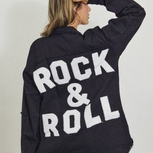 New Womens Plus Size black & white Rock Roll patch distressed utility shacket jacket 1X 2X 3X