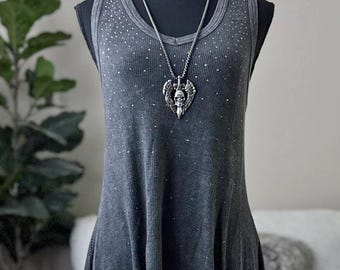 New Vocal Apparel women's crystal gray mineral dyed boho sleeveless dress tunic s m l xl boho bohemian hippie sharkbite