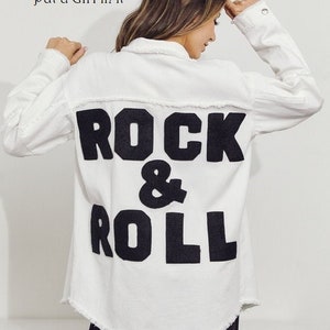 New Womens Plus Size white & black Rock Roll patch distressed utility shacket jacket 1X 2X 3X