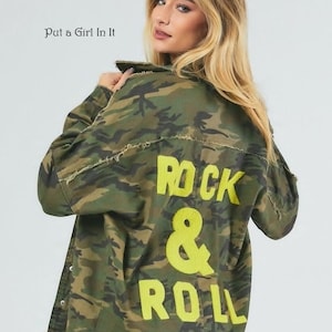 New Womens camouflage camo rock & roll distressed oversized utility boyfriend shacket jacket s m small large boho
